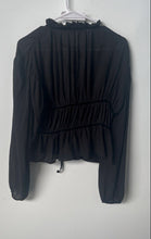 Load image into Gallery viewer, Zara Womens Black Ruffle Long Sleeve Smocked Waist Front Tie Blouse Top Size S