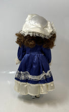 Load image into Gallery viewer, Franklin Heirloom Brown Hair Blue Eyes Porcelain Doll In Blue Dress In Open Box