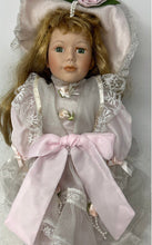Load image into Gallery viewer, Vintage Brown Hair Green Eyes Porcelain Doll In Pink Victorian Dress With Hat
