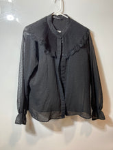Load image into Gallery viewer, Zara Womens Black Long Sleeve Ruffle Round Neck Button Front Blouse Top Size L