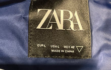 Load image into Gallery viewer, Zara Mens Blue And White Long Sleeve Letterman Patch Bomber Jacket Size L