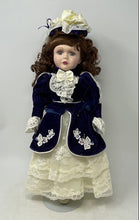 Load image into Gallery viewer, Vintage Collectible Brown Curly Hair Porcelain Doll In Victorian Dress w/ Stand