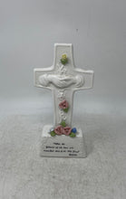Load image into Gallery viewer, Porcelain Religious Decorative Cross Statue Hands Shaking Roses Bible Verse
