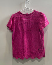 Load image into Gallery viewer, Loft Womens Fuchsia Tie Neck Eyelet Short Sleeve Scalloped Blouse Top Size XS