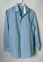 Load image into Gallery viewer, Perry Ellis Mens Blue Printed Cotton Slim Fit Long Sleeve Collared Dress Shirt M
