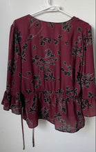 Load image into Gallery viewer, Ann Taylor Womens Purple Floral Long Bell Sleeve Faux Wrap Blouse Top Size L