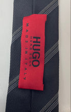 Load image into Gallery viewer, Hugo Boss Mens Black Striped Print Keeper Loop Adjustable Formal Pointed Tie
