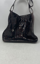 Load image into Gallery viewer, Brighton Womens Brown Croc Embossed Patent Leather Zip Top Charm Shoulder Bag
