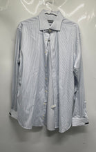 Load image into Gallery viewer, Michael Kors Mens White Blue Striped Print Cotton Slim Fit Dress Shirt Size L