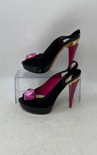 Load image into Gallery viewer, Twice Womens Black Pink Stone Suede Peep Toe Platform Slingback Heels Size EU 36