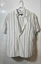 Load image into Gallery viewer, Express Mens White Blue Striped Linen Cotton Short Sleeve Button-Up Shirt Size L