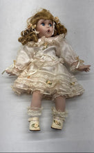 Load image into Gallery viewer, Collectible Surprised Blue Eyes Blonde Curly Hair Porcelain Doll In Lace Dress
