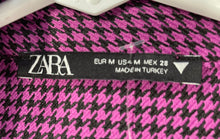 Load image into Gallery viewer, Zara Womens Purple Houndstooth Print Collared Tie Waist Cropped Blouse Top Sz M