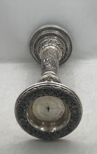 Load image into Gallery viewer, Silver-Tone Pillar Embossed Floral And Figural Design Candlestick Holder