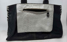 Load image into Gallery viewer, Pulicati Womens Black Silver Snake Print Outer Pocket Double Handle Shoulder Bag