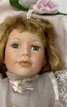 Load image into Gallery viewer, Vintage Brown Hair Green Eyes Porcelain Doll In Pink Victorian Dress With Hat