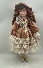 Load image into Gallery viewer, Vintage Auburn Curly Hair Gray Eyes Collectible Porcelain Doll In Pink Dress