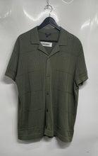 Load image into Gallery viewer, Express Mens Olive Green Patchwork Pointelle Sweater Polo Button-Up Shirt Size L