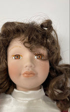 Load image into Gallery viewer, Heirloom Collection Curly Brown Hair White Burgundy Dress Porcelain Doll