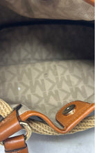 Load image into Gallery viewer, Michael Kors Womens Brown Monogram Leather Trim Tassel Bucket & Drawstring Bag