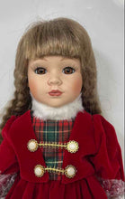 Load image into Gallery viewer, Blonde Hair Brown Eyes Collectible Holiday Porcelain Doll With Red Outfit