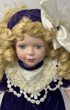 Load image into Gallery viewer, Vintage Collectible Blonde Curly Hair Porcelain Doll In Victorian Dress w/ Stand