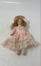 Load image into Gallery viewer, Vintage Blonde Curly Hair Porcelain Mini Doll With Dress & Hat Outfit