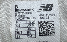 Load image into Gallery viewer, New Balance Unisex 550 BBW550BK White Lace-Up Sneaker Shoes Size M4.5 W6 B