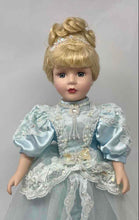 Load image into Gallery viewer, Vintage Collectible Blonde Curly Hair Porcelain Doll In Victorian Dress w/ Stand