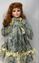 Load image into Gallery viewer, Vintage Collectible Brown Curly Hair Porcelain Doll In Victorian Dress w/ Stand