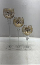 Load image into Gallery viewer, Set Of 3 Pcs Crackle Gold Glass Mercury Finished Long Stem Candle Holder