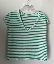 Load image into Gallery viewer, Zara Womens Green White Striped Cap Sleeve V-Neck Pullover T-Shirt Size M
