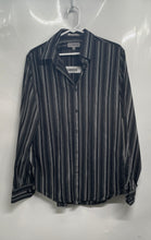 Load image into Gallery viewer, Express Mens Black Gray Striped Long Sleeve Fitted Stretch Dress Shirt Size M