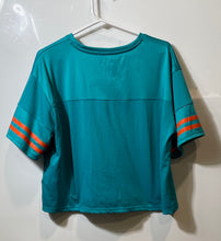 Load image into Gallery viewer, CSA Womens Blue NFL Miami Dolphins Short Sleeve V-Neck Cropped T-Shirt Size L