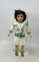 Load image into Gallery viewer, Vintage Brown Hair Ceramic Play Doll In Removable Outfit With Display Stand