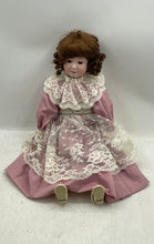 Load image into Gallery viewer, Brown Curly Hair Victorian Style Porcelain Doll In Pink White Maxi Dress