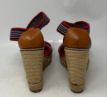 Load image into Gallery viewer, Authentic Tory Burch Womens Adonis Red Blue Beige Wedge Espadrille Sandals Sz 7B