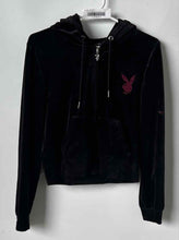 Load image into Gallery viewer, Playboy Womens Black Rhinestone Full-Zip Hooded Track Jacket Size XS