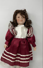 Load image into Gallery viewer, Heirloom Collection Curly Brown Hair White Burgundy Dress Porcelain Doll