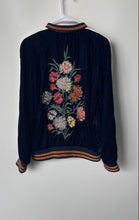 Load image into Gallery viewer, Zara Womens Navy Blue Trafaluc Velvet Back Embroidered Bomber Jacket Size S