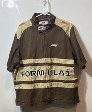 Load image into Gallery viewer, Pacsun Mens Brown Khaki Formula 1 Short Sleeve Embroidered Zip-Up Shirt No Size