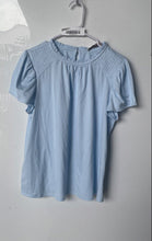 Load image into Gallery viewer, Loft Womens Light Blue Short Sleeve Smocked Ruffle Crew Neck Blouse Top Size L