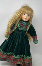 Load image into Gallery viewer, Vintage Collectible Porcelain Blonde Hair Blue Eyes Green Velvet Dress Girl Doll