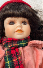 Load image into Gallery viewer, Black Hair Brown Eyes Christmas Style Collectible Porcelain Doll In Dress w/ Hat
