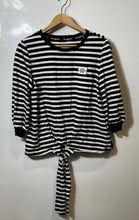 Load image into Gallery viewer, Karl Lagerfeld Womens White Black Striped 3/4 Sleeve Tie Knot Blouse Top Size S