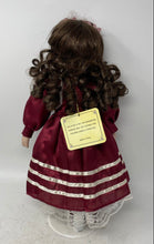 Load image into Gallery viewer, Heirloom Collection Curly Brown Hair White Burgundy Dress Porcelain Doll