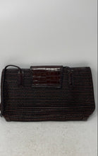 Load image into Gallery viewer, Brighton Womens Brown Woven Leather Croc Embossed Flap Magnetic Shoulder Handbag