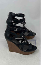 Load image into Gallery viewer, G By Guess Womens Dodge Black Open Toe Cork Wedge Strappy Heels Size 8.5M
