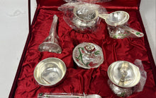 Load image into Gallery viewer, Set Of 8 Pcs Silver Tone Collectible Pooja Thali Meenakari With Red Velvet Box