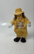 Load image into Gallery viewer, Small Decor Collectible Porcelain Clown Doll In Yellow Gingham Plaid Suit & Hat